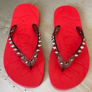 Christian louboutin loubi flip flop black red sandals rubber pvc spike sz 36